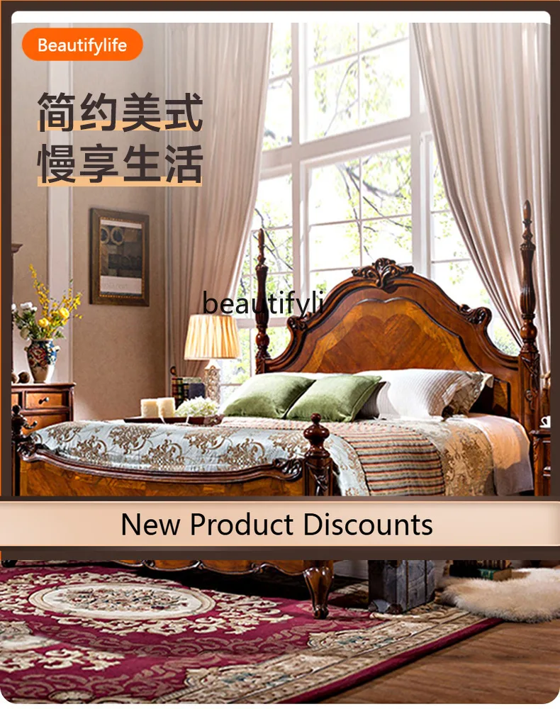 

F109 American rural retro Roman column European carved solid wood bed master bedroom 1.8 meters simple carved wedding bed