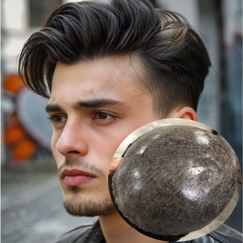 بني داكن رمادي الرجال الشعر المستعار شعر الإنسان غير كشف 0.1 مللي متر بولي Base قاعدة شعري طبيعي الرجال استبدال الشعر الاصطناعية الشعرية #1