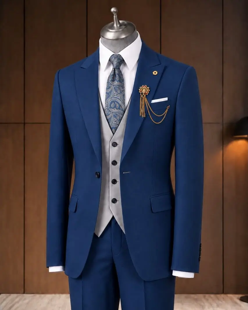 3 Piece Suit Men Royal Blue Contrast Grey Vest Blazer Vest Pants Set Slim Fit Wedding Groom Suit Formal Business Customized