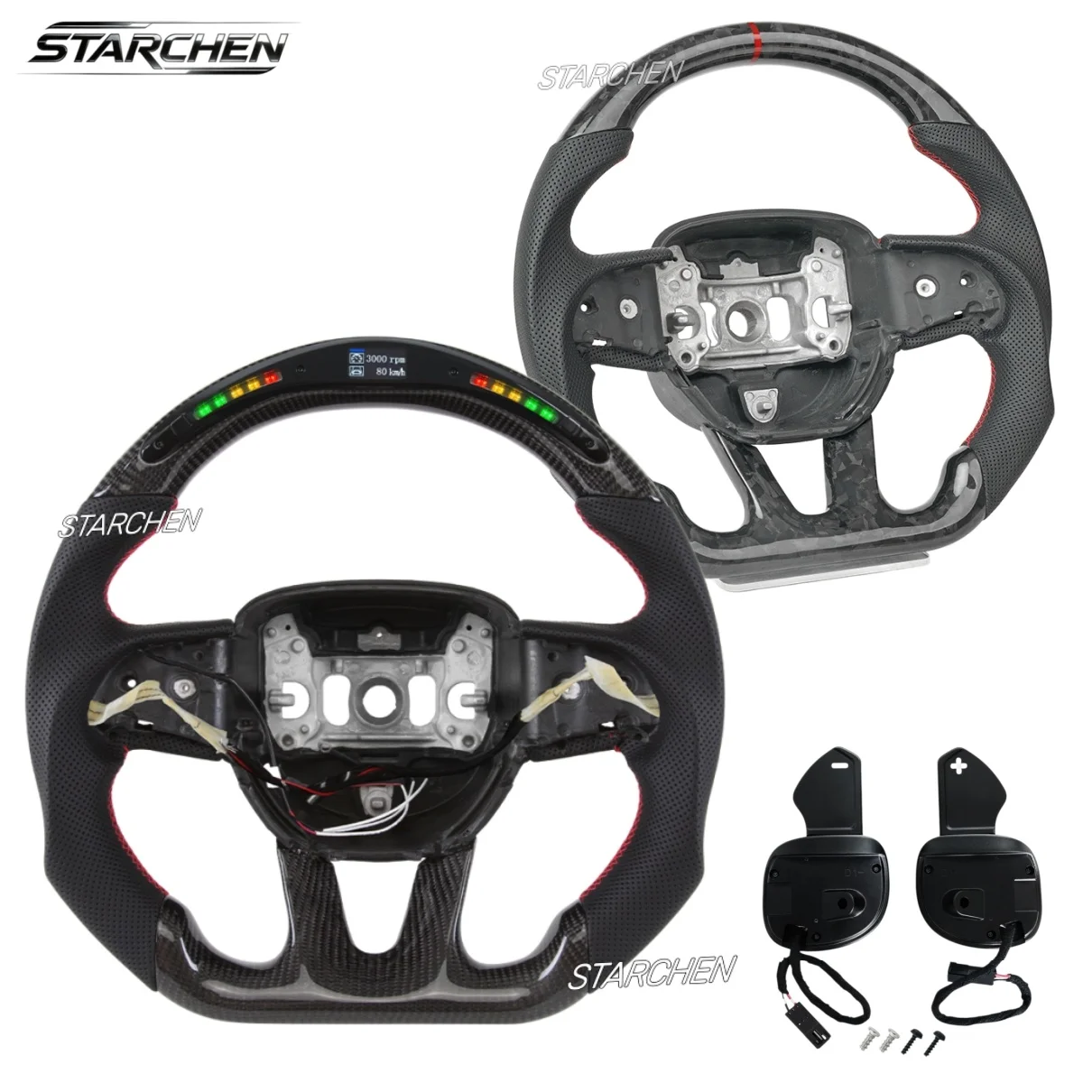 LED Carbon Fiber Steering Wheel for Dodge/Charger/Challenger/Durango/Hellcat 2015-2025 Forged Carbon/Leather/Heated/Paddle Shift