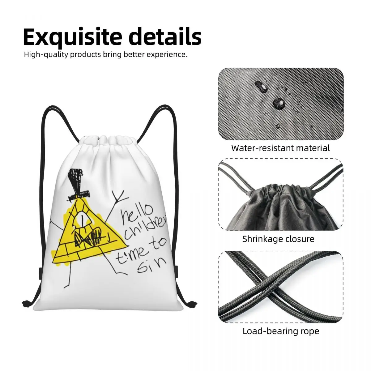 Hello Children Time To Sin Gravity Falls Drawstring Backpack Sports Gym Bag String Sackpack for Hiking