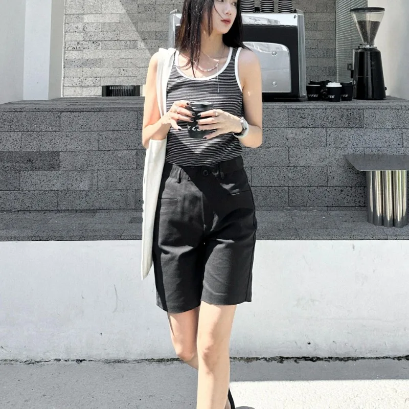 

Solid Color Clear Linen Elastic Drawstring Straight Leg Casual Pants Shorts