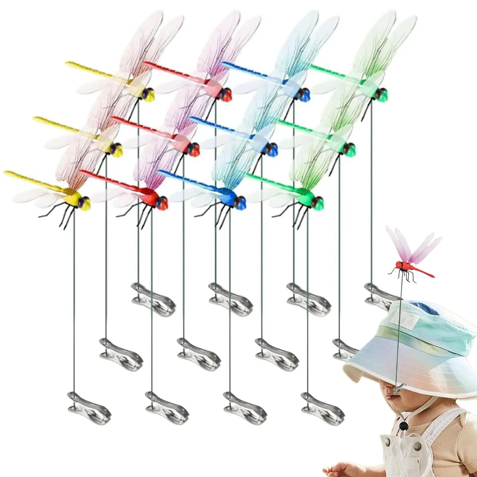 12pcs Fake Dragonfly Rod Clip Simulation Dragonfly Clip Bug Deterrents Pole Clip On Dragonfly Hat Clip 3D Decorative Clip