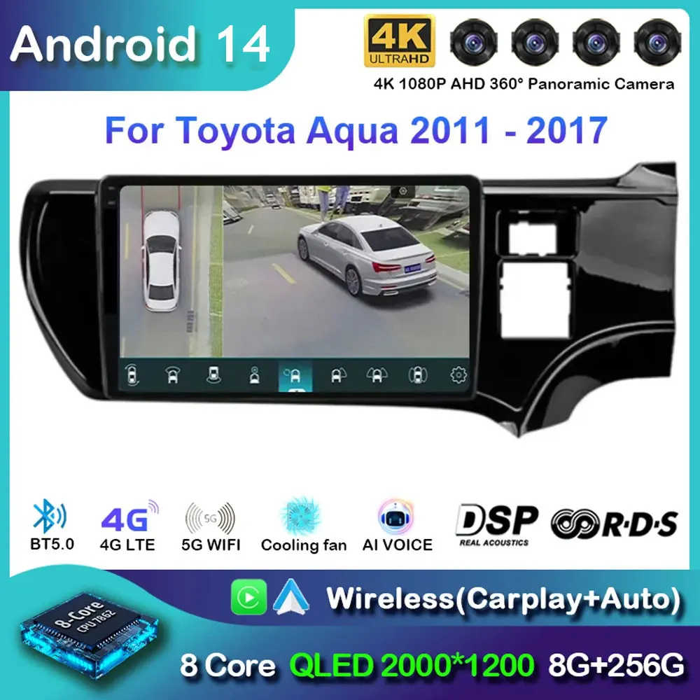 

Android 14 для Toyota Aqua LHD RHD 2011-2017, автомобильный радиоприемник, навигация, мультимедийный плеер, GPS, Wi-Fi + 4G видео Carplay BT