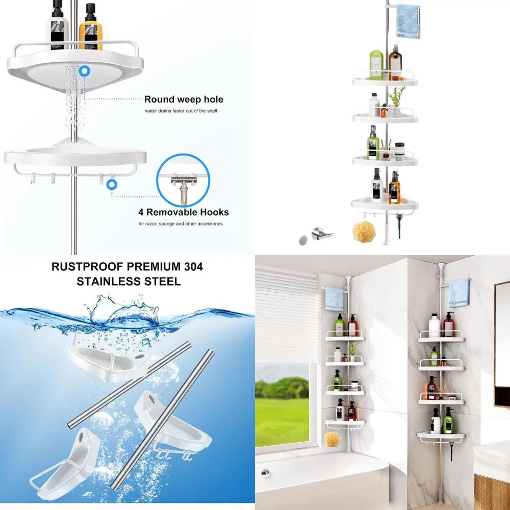 

Stainless Steel Tension Shower Caddy: 4-Tier Adjustable Bathroom Organizer with Rust-Resistant Rods for Bathtub Accessories