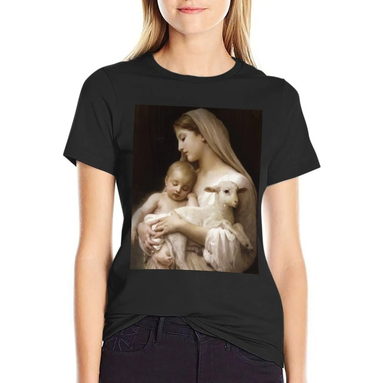 Mother with Baby and Lamb Jesus Virgin Mary Christian woman brown wood background vintage Medieval Catholic Bouguereau i T-Shirt