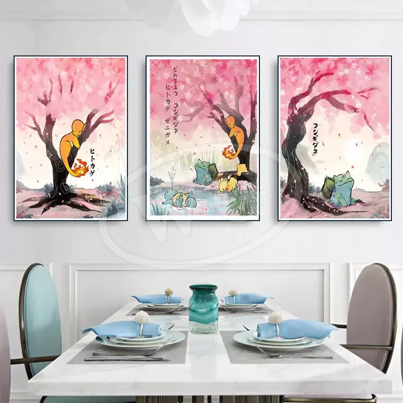 Pokemon Peripheral HD Poster Anime Roles Umbreon Charmander Picture Kawaii Decor Art Pink Canvas Painting for Kids Birthday Gift