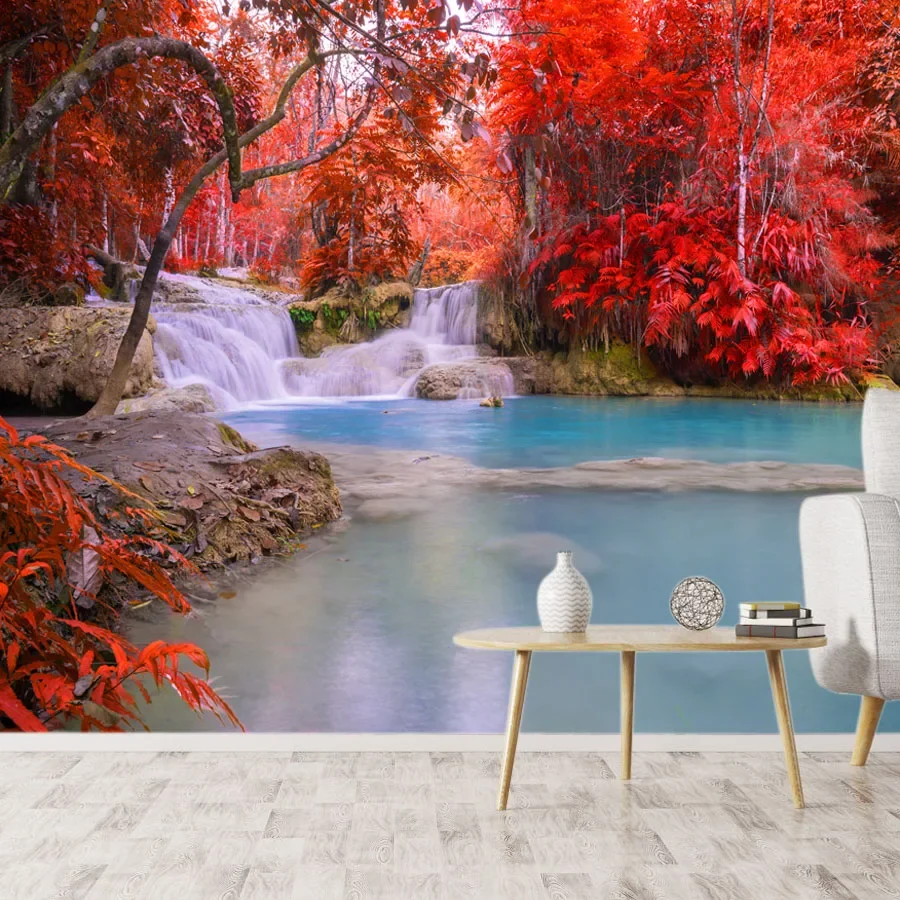 

Пользовательские контактные бумажные обои, обои для домашнего декора, красные лесные обои для гостиной, пейзаж, озеро, фреска