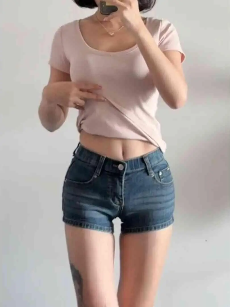 

Retro Low Waist Blue Denim orts Women's Tightening Leg Lengthening Butt Lifting Versatile Hot Pants Casual Cotton Stretch D...