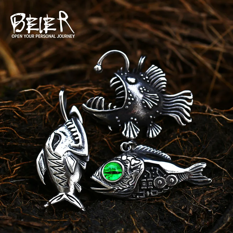 Beier Stainless Steel Lantern Fish Pendant Chain Necklace Steampunk Skeleton Ocean Fish Men Jewelry BP8-671