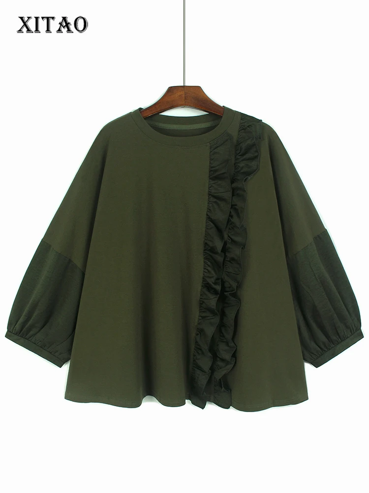 

XITAO Lazy Style O-neck Loose Women T-shirt Casual 2025 Autumn Pullover Long Sleeve Patchwork Black Fungus Lace Top GJ1236