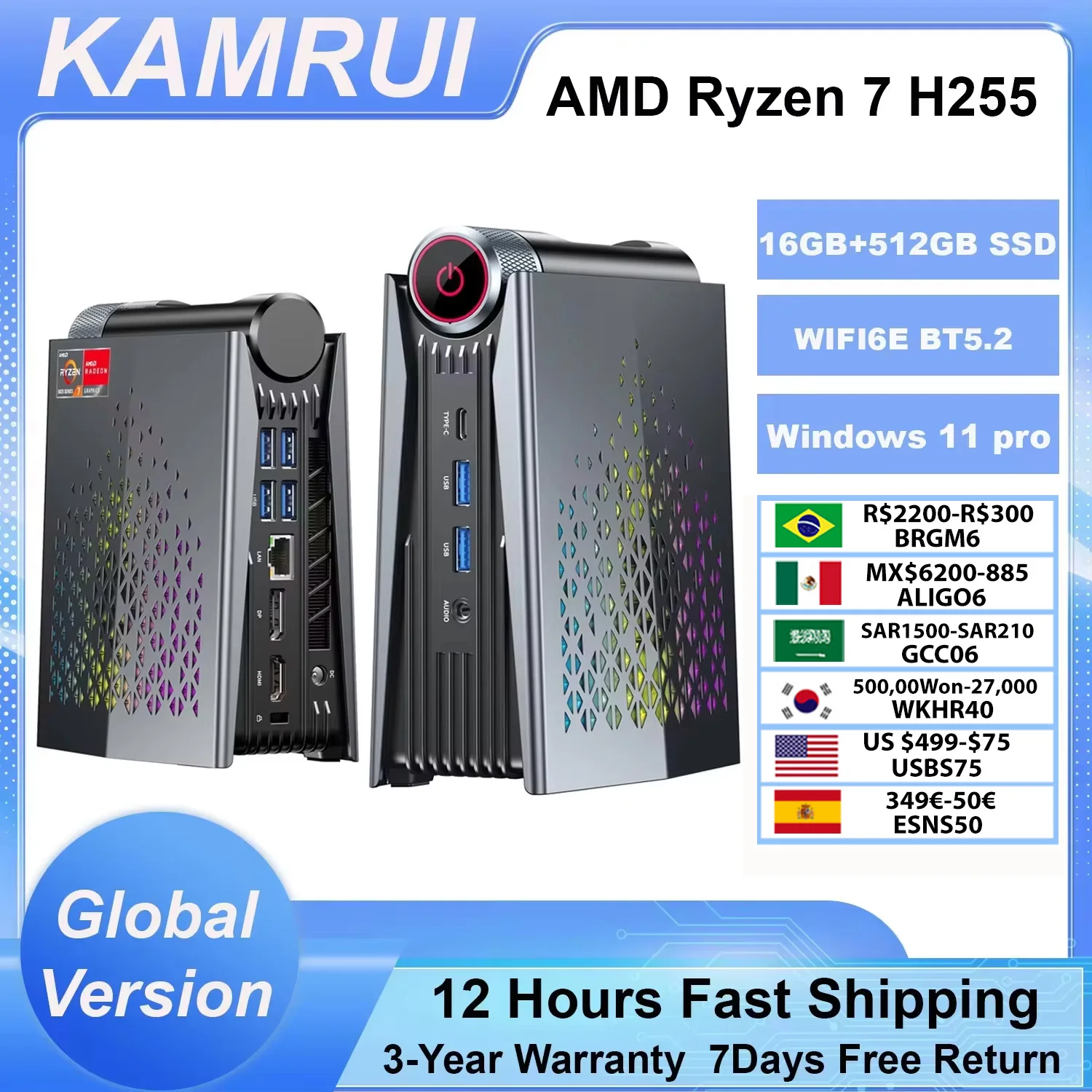 KAMRUI Mini-PC AMD Ryzen7 H255 16GB LPDDR5 512GB SSD Desktop-Computer 8-Kern 4K Mini-PC WiFi6E BT5.2 2.5G LAN für Heim und Büro