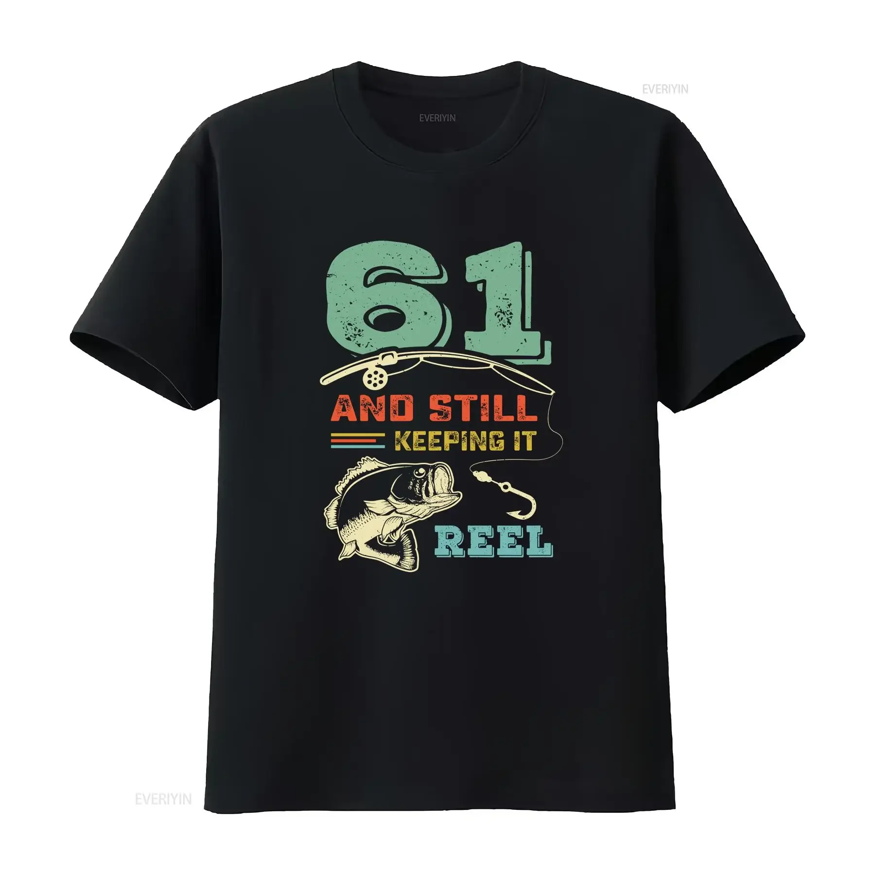 61st Birthday Fishing T Shirt Turning 61 Bass Fishermen Retro vintage Washed Casual Breathable Comfortable homme Unisex