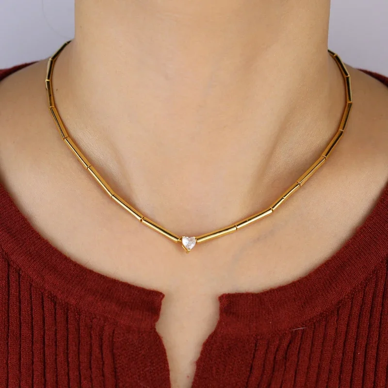 

2025 New Arrived Women Choker Geometric Bar Link Chain Single 5A Heart Cubic Zirconia CZ Sparking Necklace Fashion