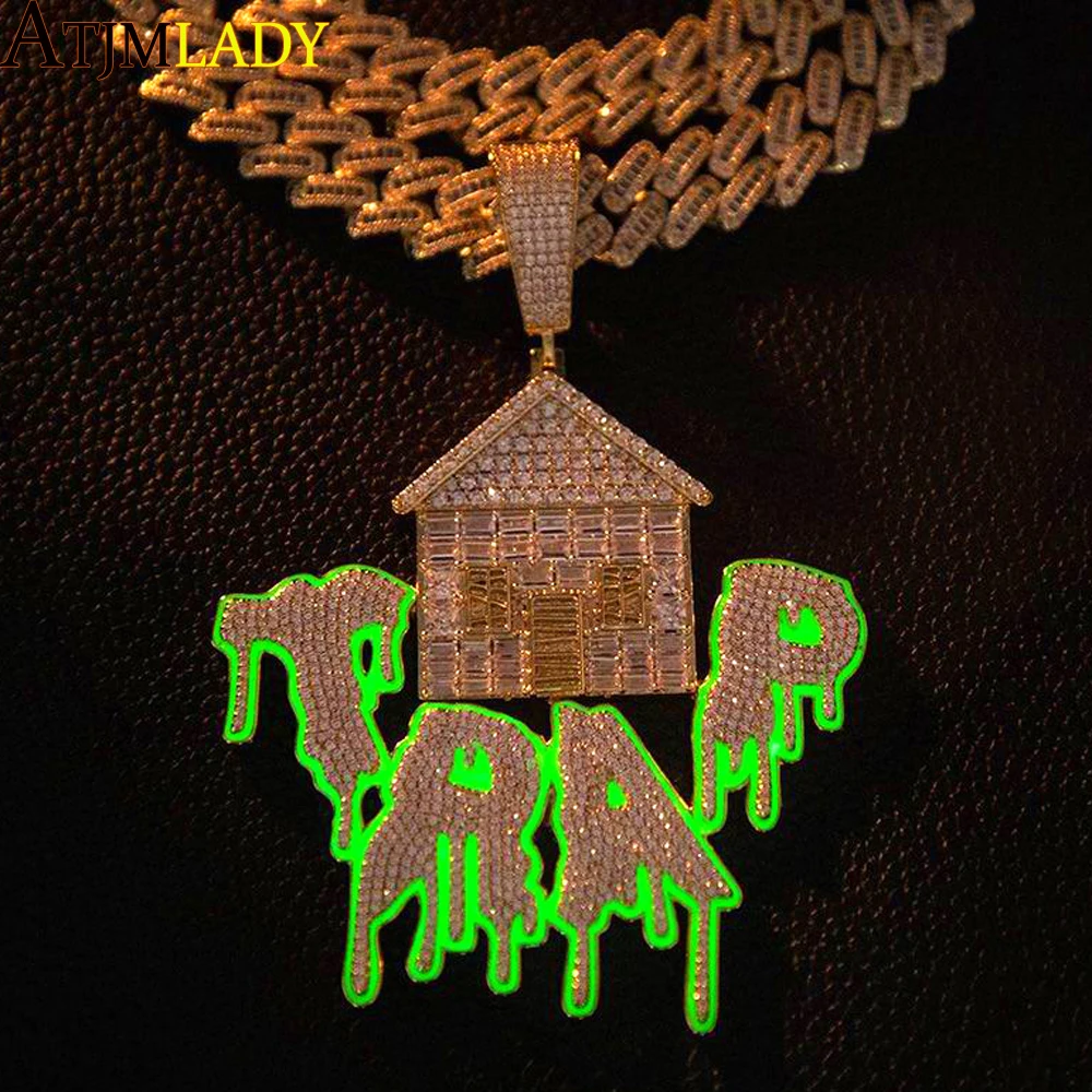 Hip Hop Green Enamel Fluorescence Trap House Pendant Luminous Dripping Glow In The Dark Iced Out Bling CZ Necklace  Jewelry