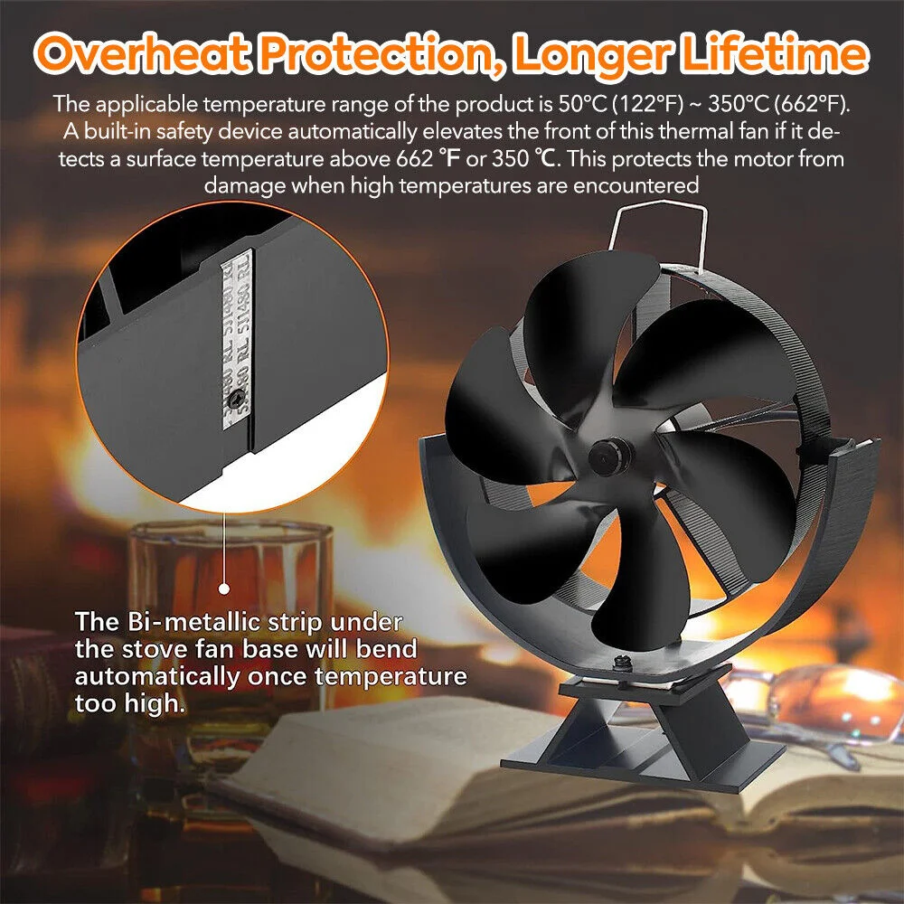 Heat Powered Stove Fan 6 Blades Fireplace Fan 360° Rotating Wood Stove Fan Home Efficient Winter Warm Heat Distribution