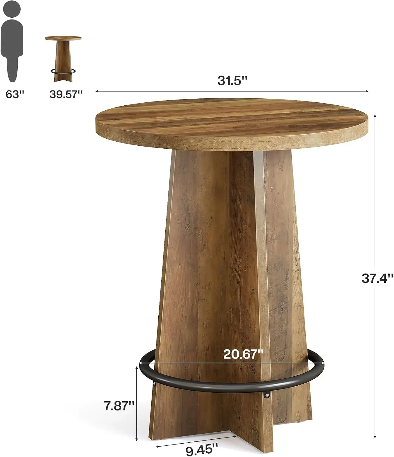 Round Bar Table, 37.4'' Tall Wooden Bistro Pub Table with Base and Metal Ring Footrest, Cocktail Desk for Coffee House, Kitchen