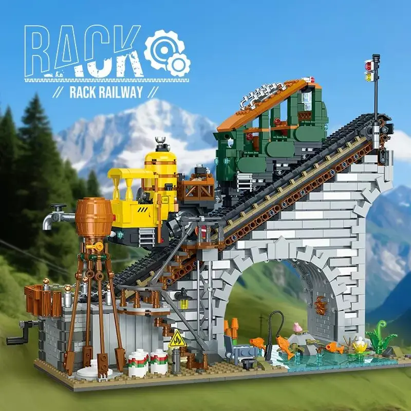 

1987PCS Cog Railway Train Building Blocks Station Linkable Street View Model High Difficulty Desktop Ornament Toy Boys Birthday