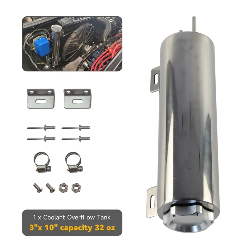 라디에이터 오버플로우 탱크 병 캐치 캔 실버 3x10인치 광택 스테인리스 스틸 32온스