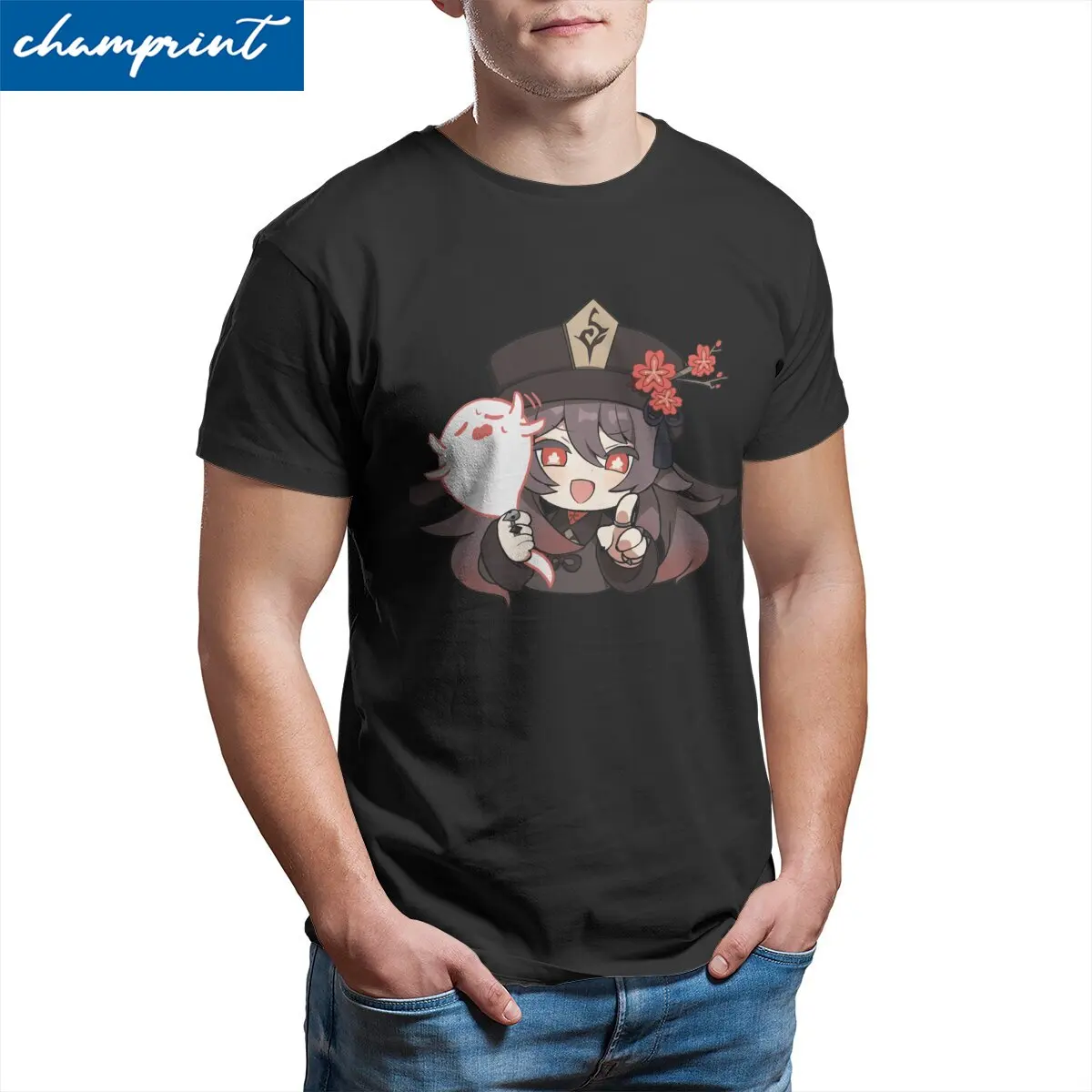 Crazy Genshin Impact  T-Shirt Men O Neck Pure Cotton T Shirts Kawaii Hutao Anime Short Sleeve Tee Shirt Gift Idea Tops