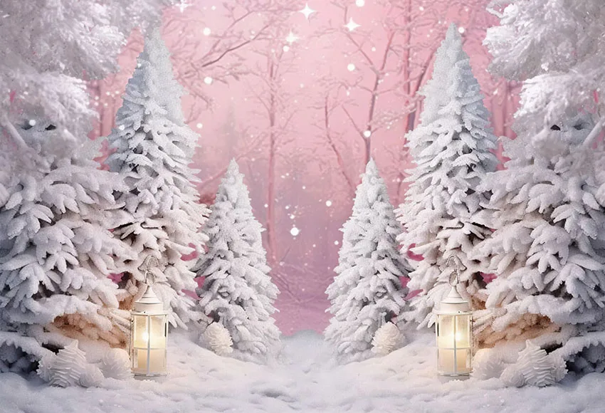 Mehofond Winter Pink Pine Forest Snow Deer Scenic Photo Backgrounds Christmas Kids Candle Snowflake Photography Backdrops Studio