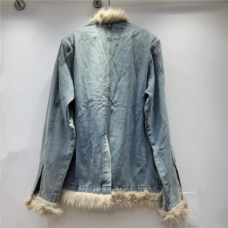 WTHT-Manteau en Denim pour Femme, Cardigan à Manches sulfet Col en V, Design en Peluche, Nouvelle Collection Automne 2024