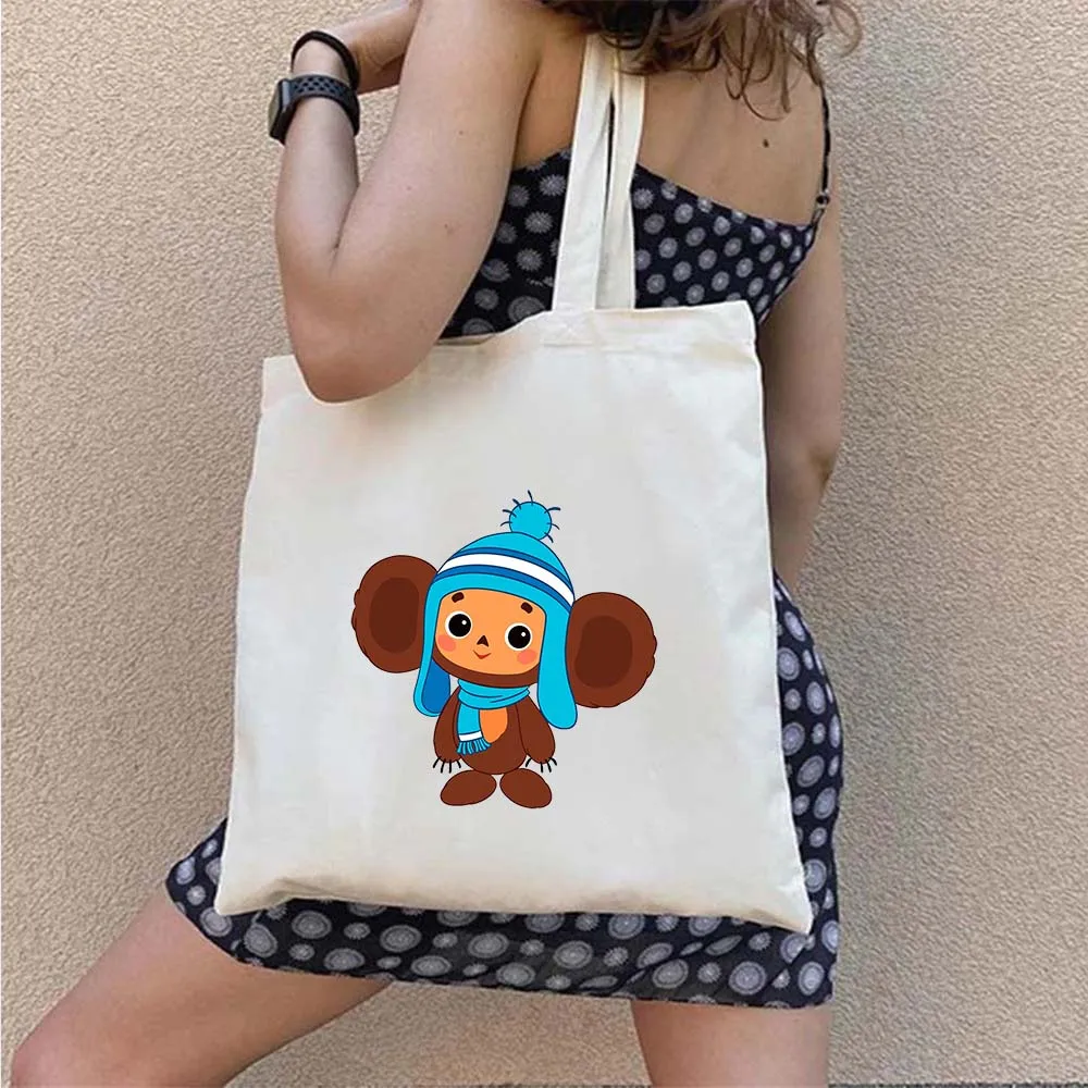 Russia Cheburashka Cute Cartoon Monkey Soviet Russian Doll Girls Womens Canvas Shoulder Bag Handbag Tote Eco Cotton Shopping Bag