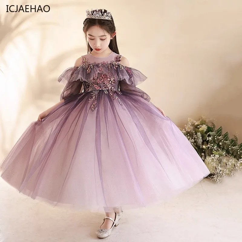 ICJAEHAO Elegant Party Dress Junior Girls Children Sequined Purple Tulle Dresses Kids Grad Night Formal Ball Gowm Party Vestido