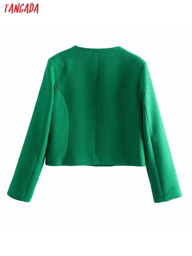 Tangada Women 2021 Fashion Green Tweed Crop Blazer Coat Vintage Long Sleeve Female Outerwear 8Y194