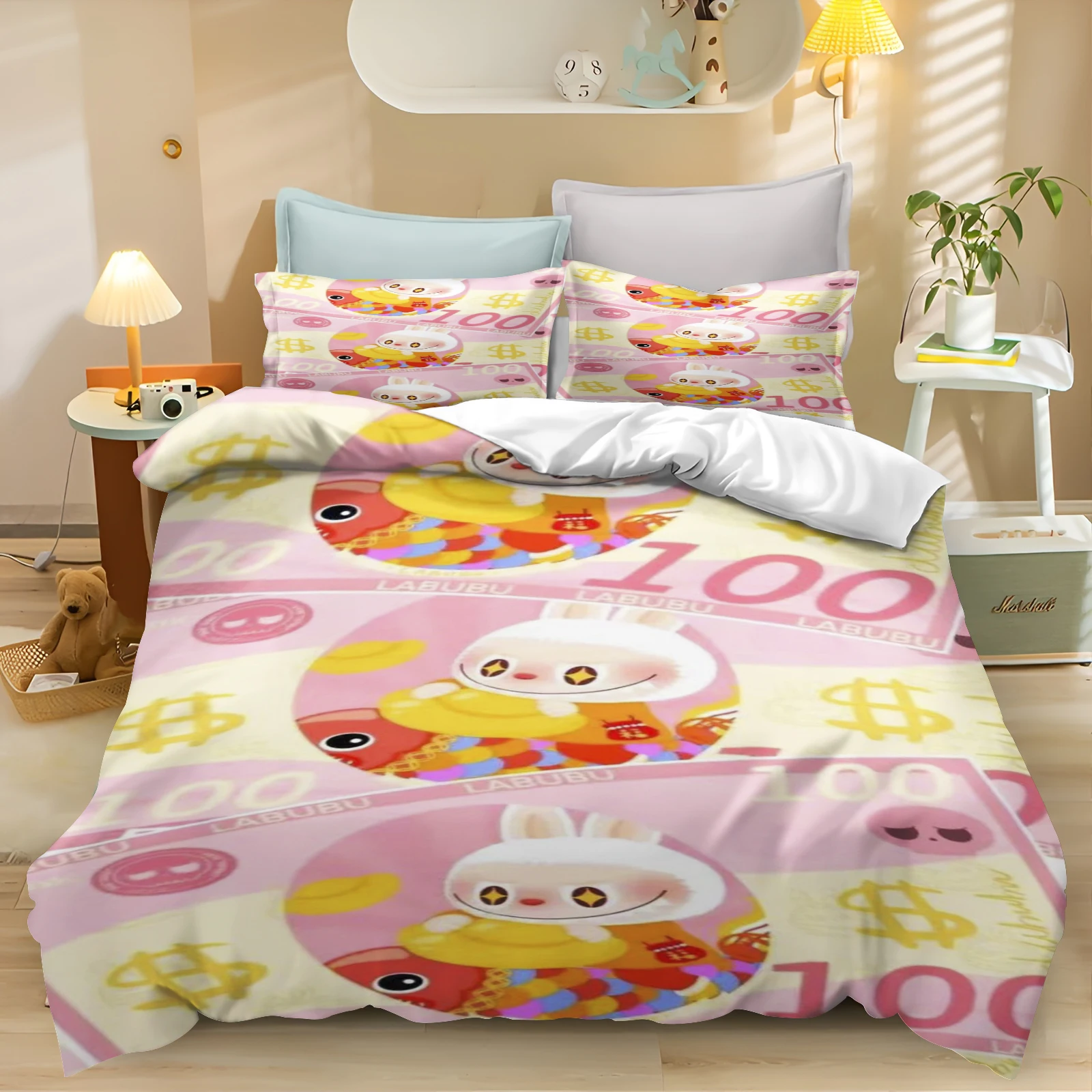 Comforter dos desenhos animados das crianças, Pop Impresso Fronha, Capa de edredão, Consolador, Home Bedding Set, Quarto Adulto, Labubu