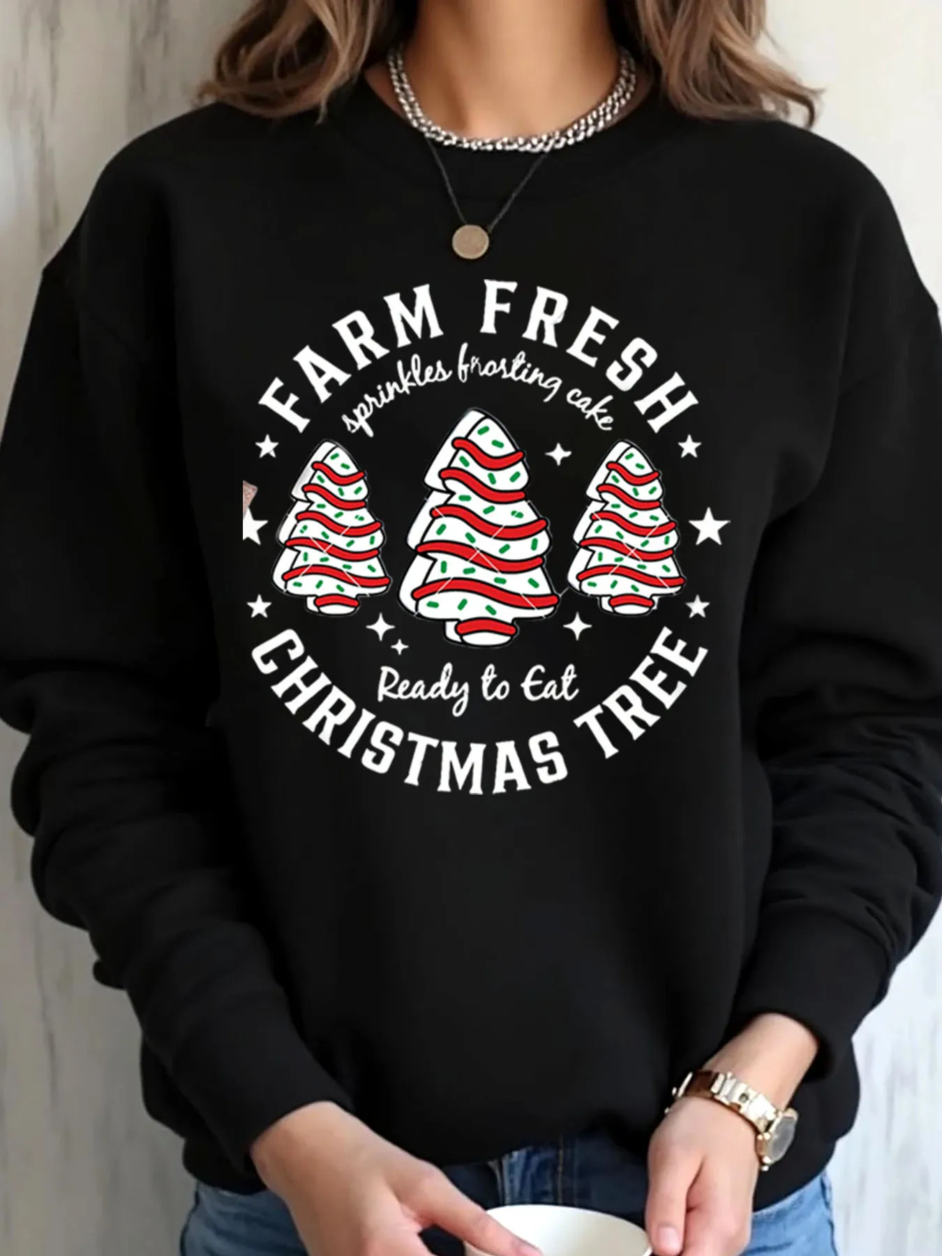 Women Oversized Sweatshirt Christmas Tree Cake Print Ready To Eat Holiday Outfit Outdoor Wear