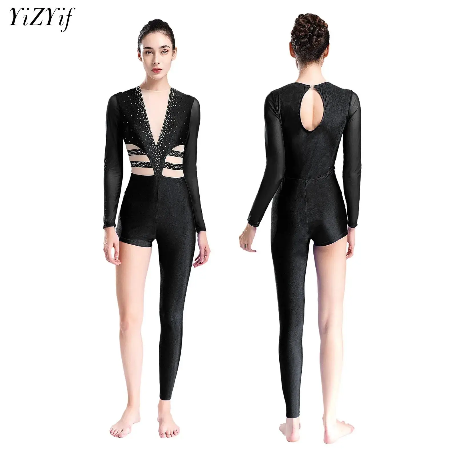 Women Gymnastics Jumpsuit Sheer Mesh Long Sleeve Rhinestones Leotard Bodysuit Ballet Figure Skating Stage Performance Costume