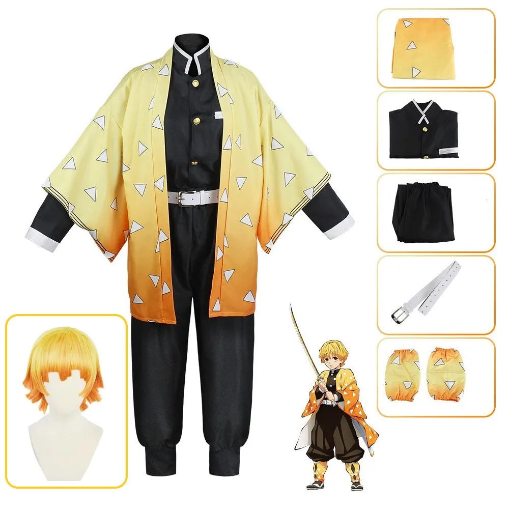 

Anime Demon Slayer Kimetsu no Yaiba Agatsuma Zenitsu Cosplay Costume Women Kimono Suit wig Halloween Christmas Clothes