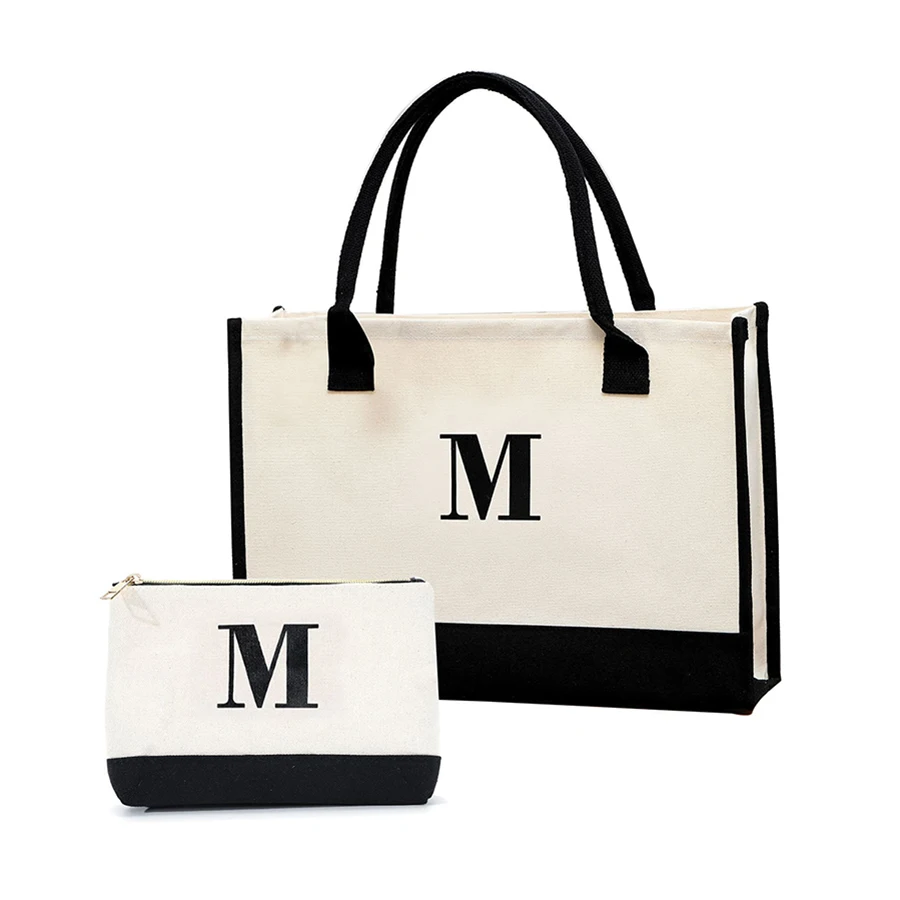 

New alphabet printed canvas handbag travel bag large capacity set of handbags daily outing with bow ribbon gift shopping bag