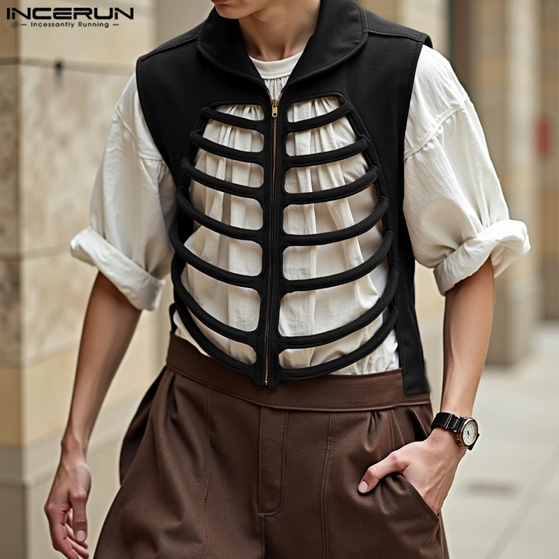 INCERUN Men Vests Solid Color Lapel Sleeveless Hollow Out Male Waistcoats Summer Streetwear Zipper Fashion Casual Vests S-3XL