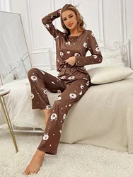 Printed pajamas set Casual long sleeve crew neck top and stretch pants Autumn and winter women's pajamas