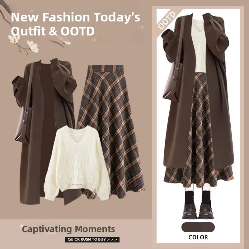 Winter Atmosphere Knitted Coat And Sweater Skirt Set Women's Long Style Casual Fashion Ensemble Grid Pattern Three-Piece Suit