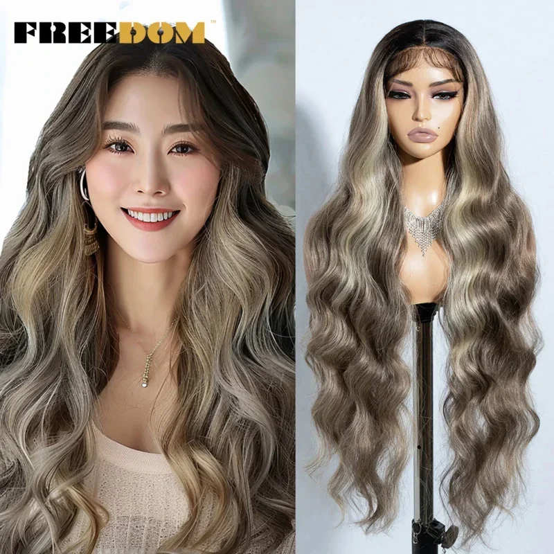 FREEDOM Synthetic Lace Front Wigs For Women 36 Long Body Wave Lace Wig Ombre Brown Blonde Highlight Cosplay Wigs Heat Resistant