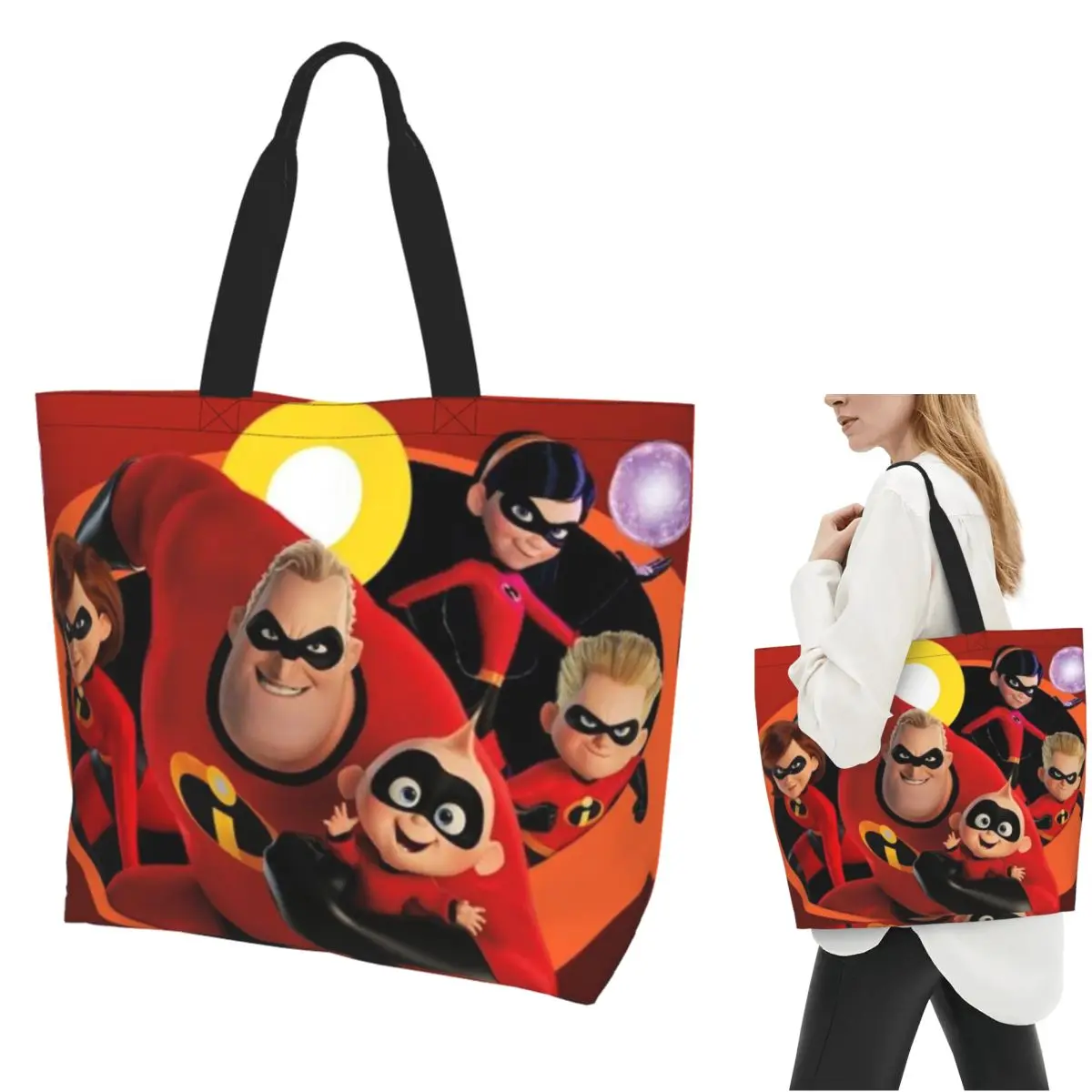 

The Incredibles Cartoon Shopping Tote Bag Canvas Large Capacity Shoulder Bags Shopper Grocery Handbag for Women