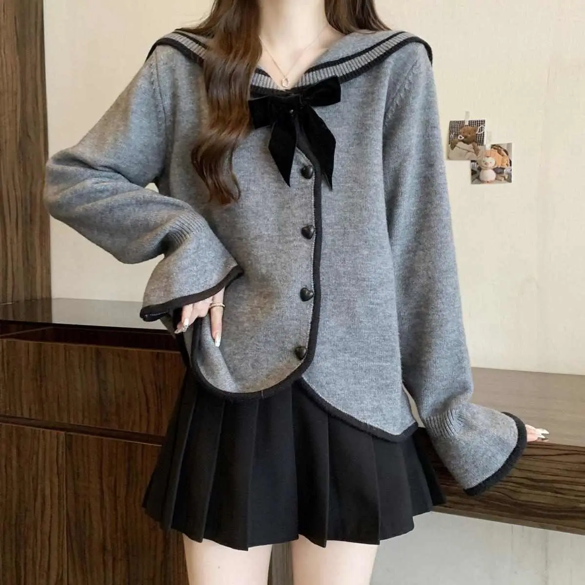 

Sweater Cardigan Bow Navy Collar Contrasting Color Large Size Women'S Autumn And Winter Design Niche Cardigan Sweater Top