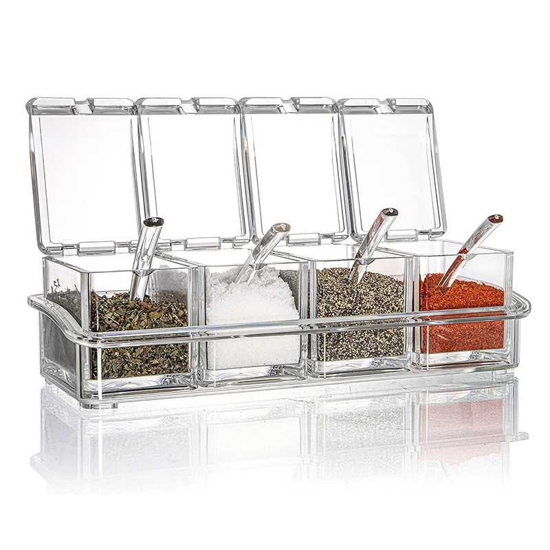 

4 Piece Acrylic Seasoning Box - Storage Container Condiment Jars -Kitchen Tools Bar Accessories