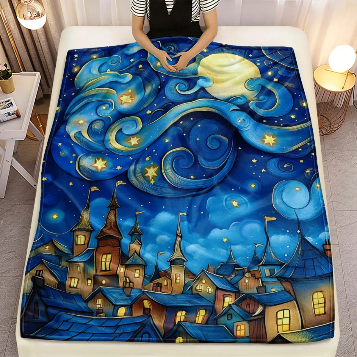 

Фланелевое одеяло «Звездная ночь» с замком, уютное мягкое постельное белье, художественный принт, домашний декор, одеяло для спальни, гостиной, зимнее тепло