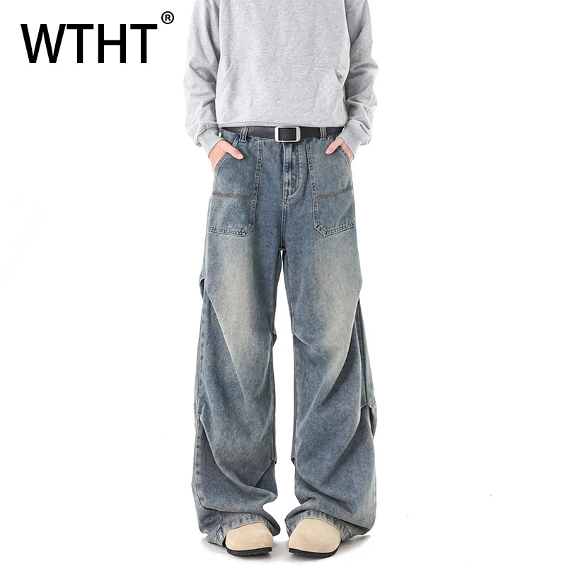 

Мужские джинсы WTHT Fashion с градиентным эффектом, винтажные, плиссированные, свободного кроя, в американском стиле, широкие штанины, лето 2026, модель 2A2810