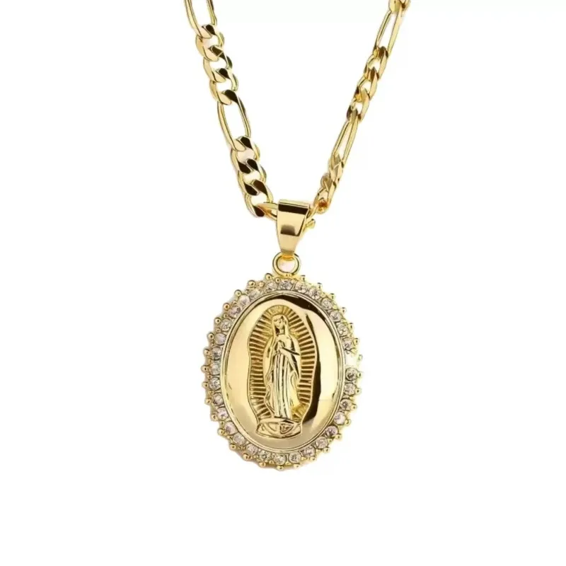14K gold-plated Virgin Mary oval pendant necklace,copper inlaid with zircon,personalized retro necklace pendant jewelry gifts