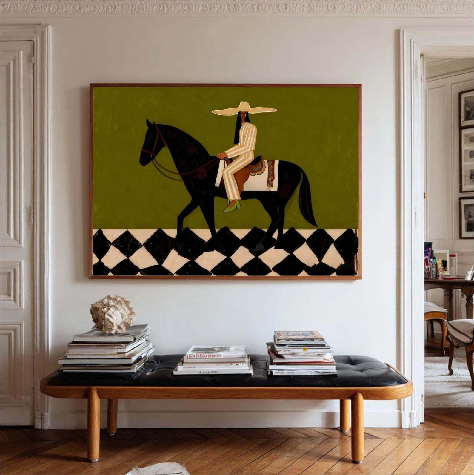 2D/Flat Large Abstract Horse Rider Canvas Painting - Frameless Vintage Olive Green Minimalist Wall Art Prints for Home Decortion