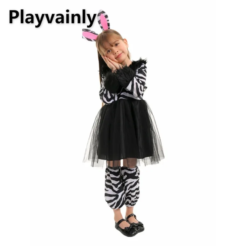 children's-halloween-party-outfits-girls-zebra-stripes-long-sleeve-mesh-dress-headwear-leg-warmer-school-stage-costume-a34777