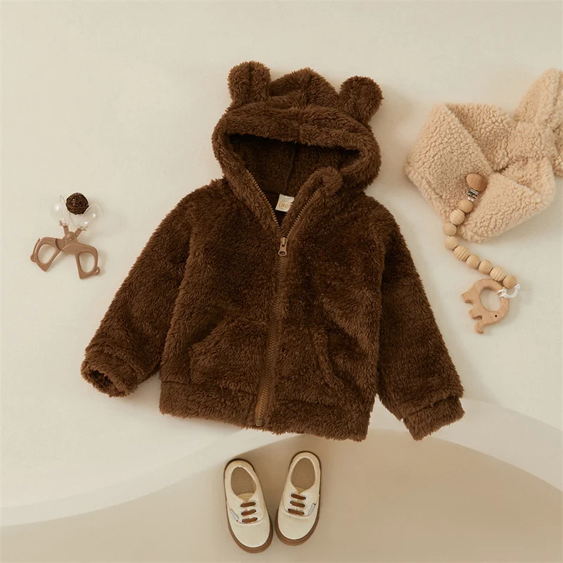 Tregren Toddler Boys Girls Winter Plush Coat Kids Long Sleeve Zipper Closure Cartoon Hooded Jackets Fall Children Clothes