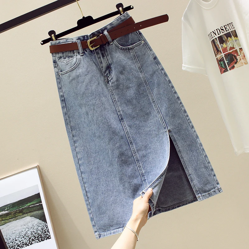 Light Blue High Waist Split Denim Skirt For Women Simple New Oversized Female Clothing Slim Versatile Hip Wrapped A-line Skirts