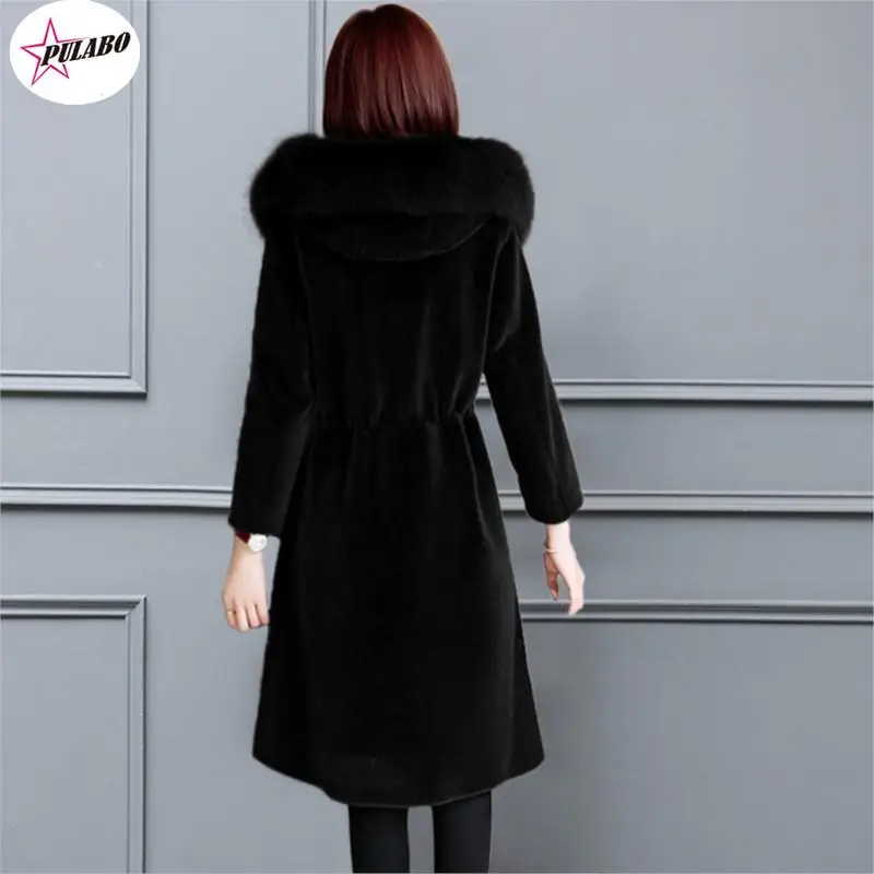 Faux Fur Coat Women Hooded Mink Cashmere Slim Fit  Solid Long Sleeve Thick Warm Single Breasted Fur Coat