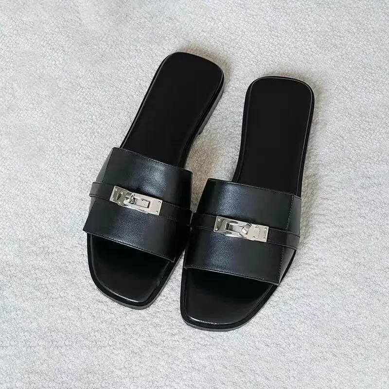 Top Quality Women's Genuine Leather Flat Slippers, Fashionable Luxury Brand Designer Small Gold Buckle Women's Leather Sandals